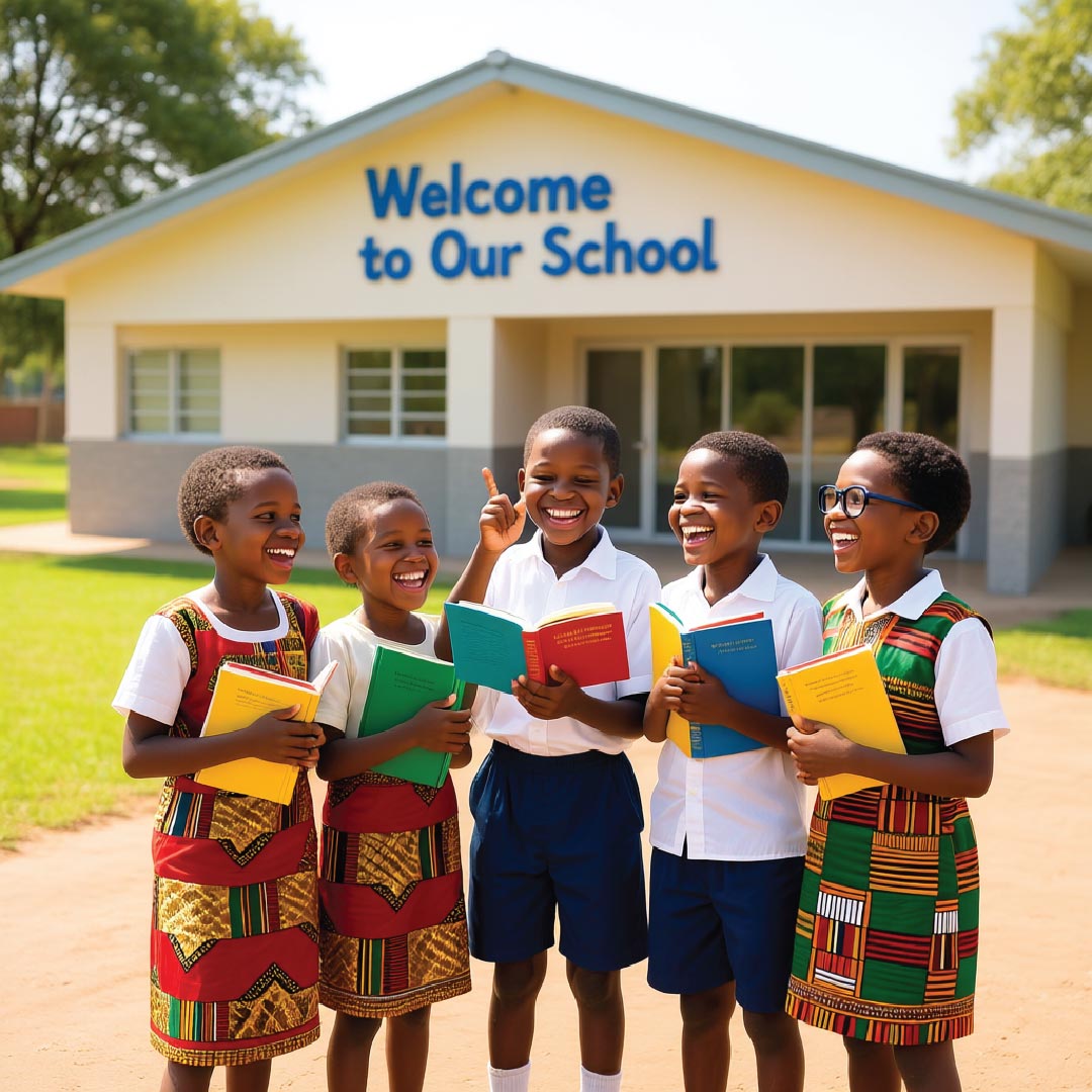 Happy Ghanaian children with school books